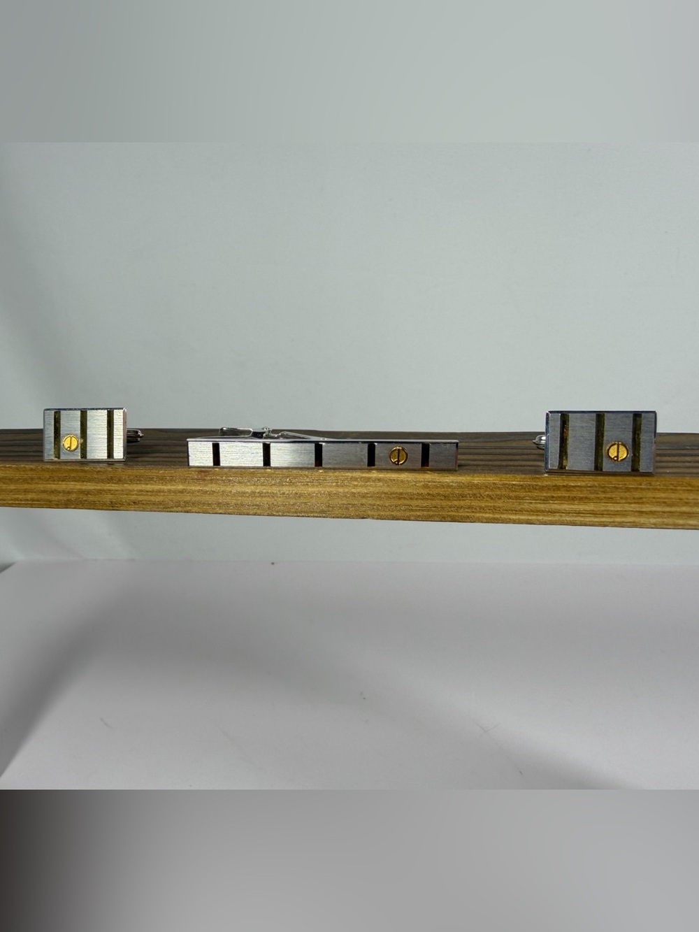 9043: Dunhill Two-Tone Cufflinks & Tie Bar Set Silver Gold Tone